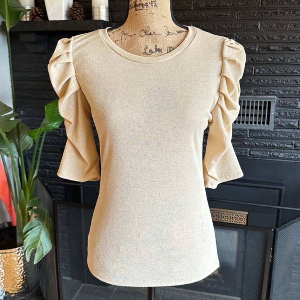Women's City Sleek Heathered Tan Ruched Short-Sleeve Top, size L